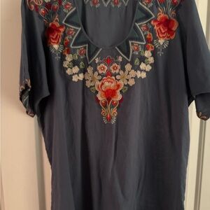 Johnny Was Blue Blouse with Vibrant Embroidery